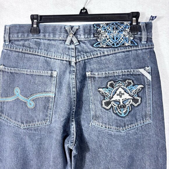 Log Mens Denim Jeans Blue 34 Hip Hop Y2K Embroidered Pockets Ramie Cotton - Picture 11 of 13